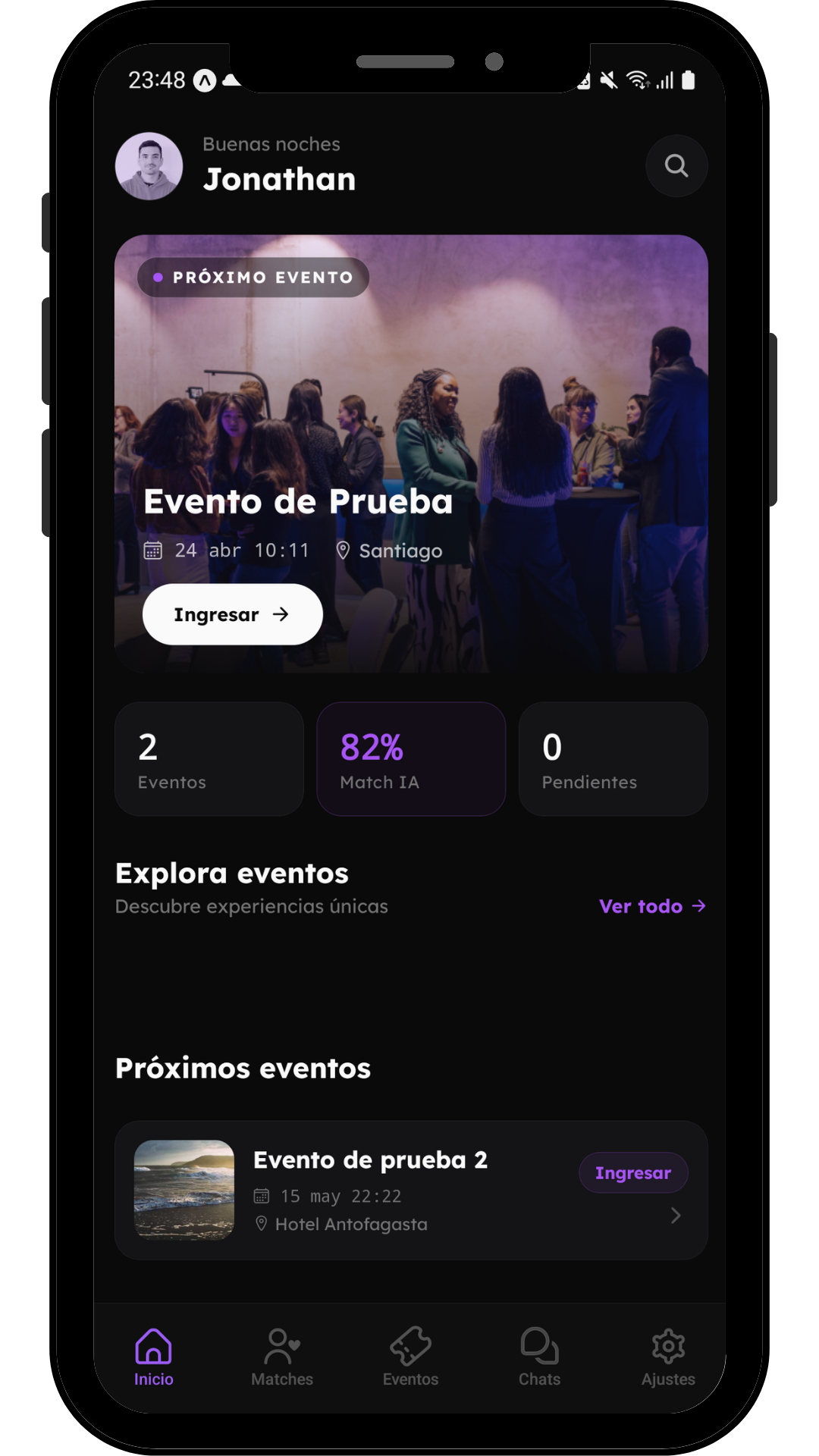 VIMA app — Inicio con próximos eventos y match IA